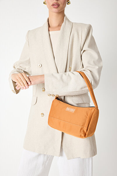 Tonny Black Women's Orange Baguette Hand and Shoulder Bag with Writing on the Front