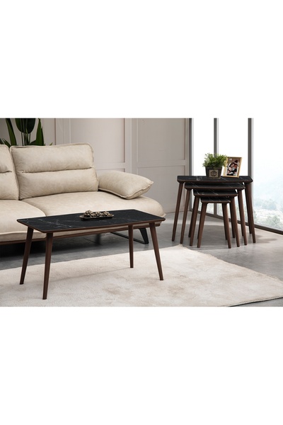 Vivense VEGA DÖRTLÜ ZİGON ORTA SEHPA SETİ, SİYAH MERMER DESENLİ