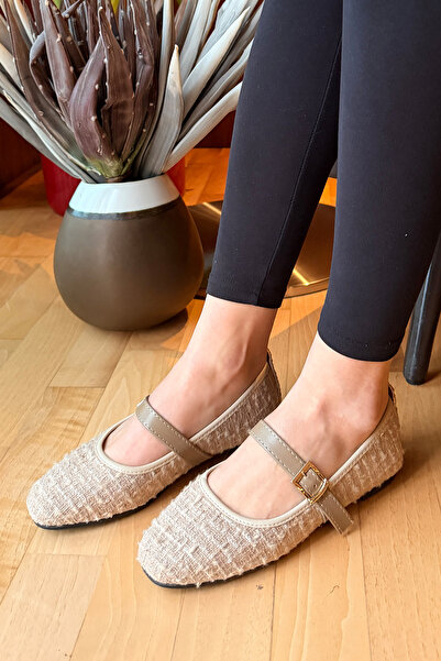 RENKLİBUTİK Women's Tweed Fabric Casual Shoes Stylish Buckle Comfortable Sole Casual Ballet Flats