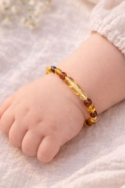 OSMANLI GÜMÜŞ Baby Amber Bracelet - Yellow Amber Natural Stone Baby Name Brac...