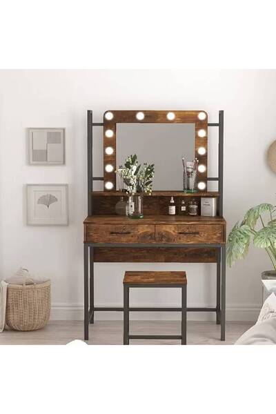 NKX طاولة تزيين بتصميم أنيق مع مرآة مضاءة، لون بني