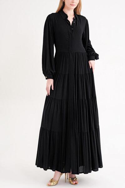 SOCIETA Siyah Siyah balon kol büzgülü gömlek elbise 94686