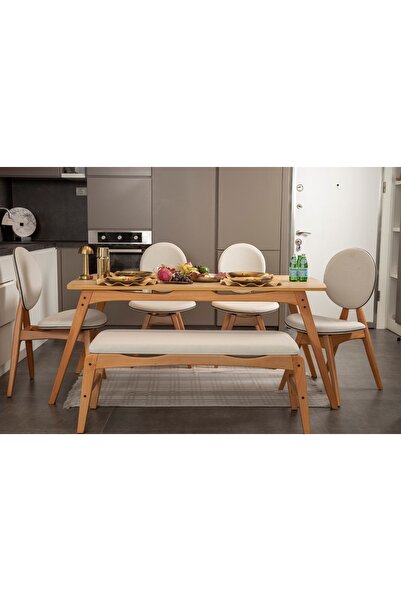 Vivense TOUCH BENCHLİ İSKANDİNAV MASA TAKIMI, MEŞE KREM, 4 SANDALYE 1 BENCH, ...