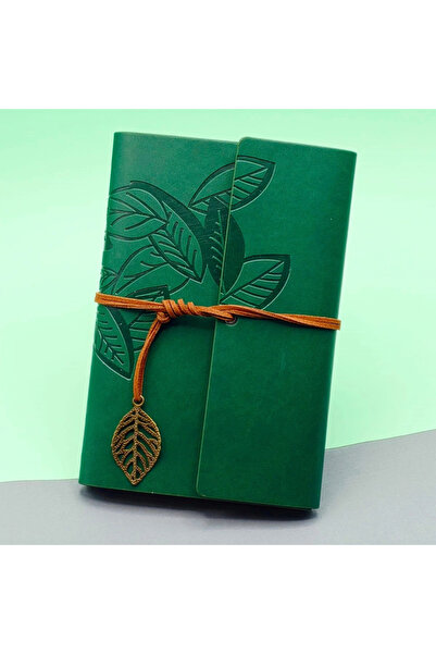 shopwave Leaf Patterned Notebook with Green Leather Cover