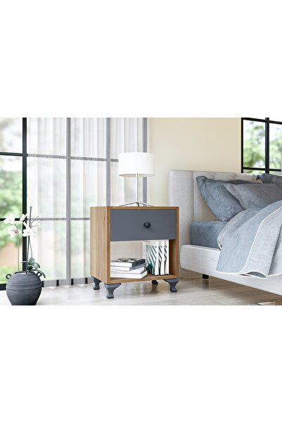 Vivense GM024 KOMODİN, GRİ DÜĞME KULPLU, CEVİZ ANTRASİT