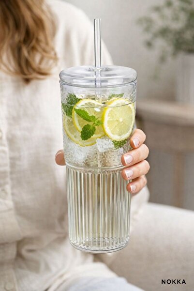 NOKKA Borosilikat Kapaklı Pipetli Bardak, Kahve Bardağı, Isı Dayanıklı 600 ml