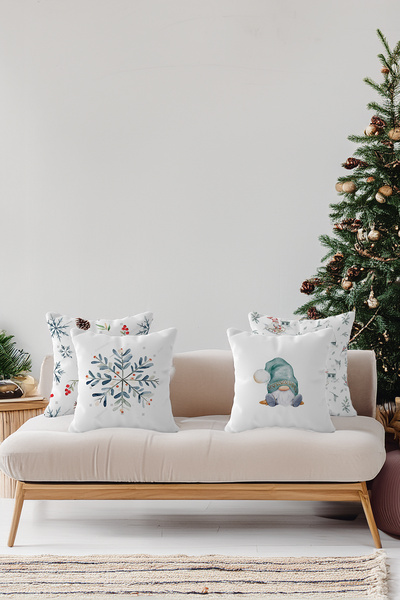 ASDİVA Snowie Snow and Gin Dwarf Patterned Christmas Themed Set of 4 Decorative Throw Pillow Covers - White