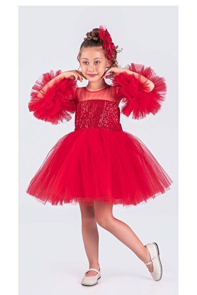 Lily and Co Girls' Pompom Sleeve Sequin Tutu Evening Dress