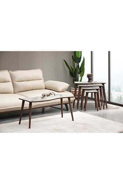 Vivense SALSA DÖRTLÜ ZİGON ORTA SEHPA SETİ, BEYAZ MERMER DESENLİ