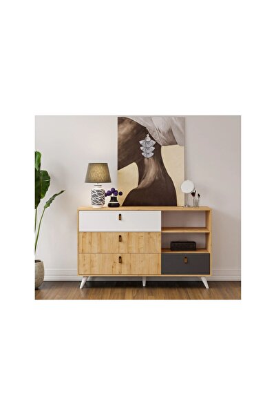 Vivense FURMET MODÜLER PERA ŞİFONYER, 4 ÇEKMECELİ MEŞE ANTRASİT BEYAZ