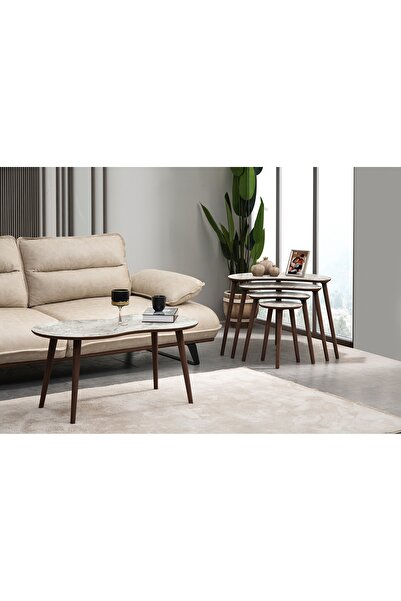 Vivense MOON ZİGON ORTA SEHPA SETİ, BEYAZ MERMER DESENLİ