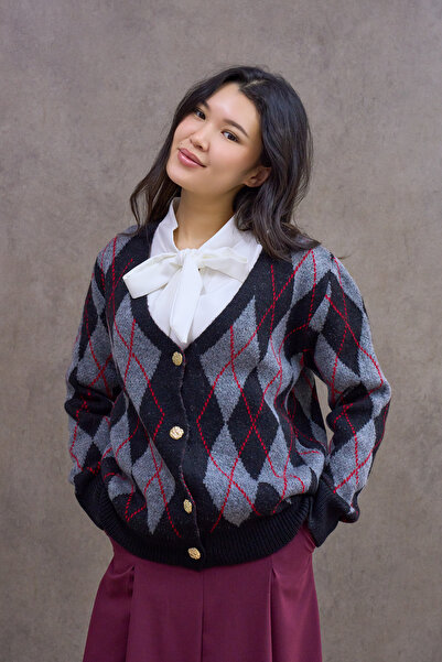 KÜÇÜĞÜM BUTİK Gray Diamond Patterned Cardigan