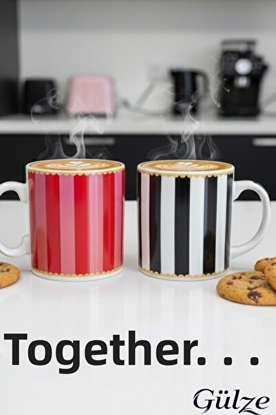 GÜLZE Aura Model Porcelain Senli̇ Benli̇ Mug Cup, Special Design, 300 ml (2 Pieces)