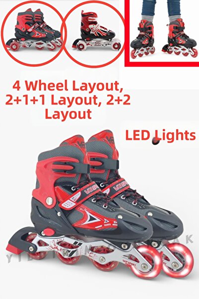 YILDIRIM OYUNCAK Silicone Roller Skates Adjustable 2+1+1, 2+2 and Single Row Skates Lighted Children's Skates 3 in 1