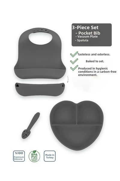 Moki مجموعة تغذية من السيليكون مكونة من 3 قطع باللون الرمادي البلاتيني / طبق ...