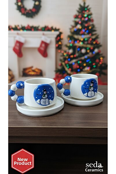 seda seramik طقم فناجين قهوة سيراميك مصنوع يدويًا بتصميم رجل الثلج لعيد الميلاد مكون من قطعتين لشخصين سعة 200 مل.