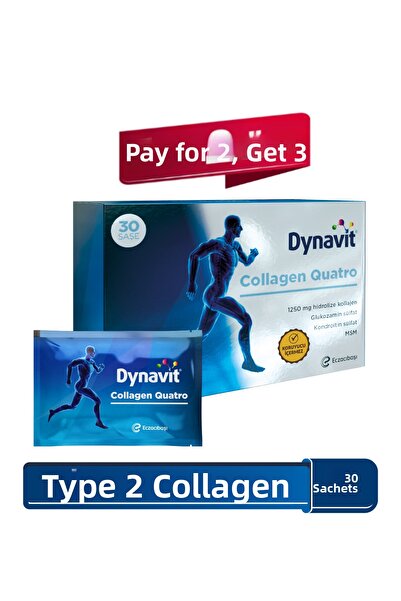 Dynavit كولاجين كواترو 30 كيس - ببتيد متحلل من النوع 2، كولاجين الدجاج، إم إس إم، جلوكوزامين وكبريتات الكوندرويتين