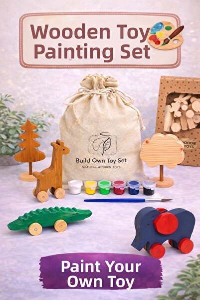 RenkliİzlerAtölyesi 🧸   Wooden Toy Painting Set – Design Your Own Toy (Safari)