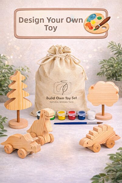 RenkliİzlerAtölyesi 🧸   Wooden Toy Painting Set – Design Your Own Toy (Dino)