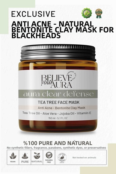 Believe Your Aura قناع الطين بزيت شجرة الشاي - مضاد لحب الشباب والرؤوس السودا...