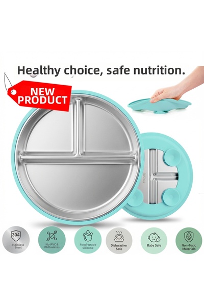 Gneisto طبق طعام للأطفال من الفولاذ المقاوم للصدأ مكون من 3 أقسام مغلف بالسيليكون، فولاذ 304، وردي،
