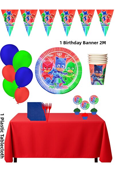 HAPPYLOOPPARTY Pj Maske Maskeliler 16 Kişilik Doğum Günü Parti Süsleri Seti