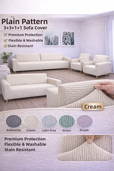 Uy Style Jakarli 3+3+1+1 Elastic Sofa Cover – Flexible, Stain Resistant, Cream