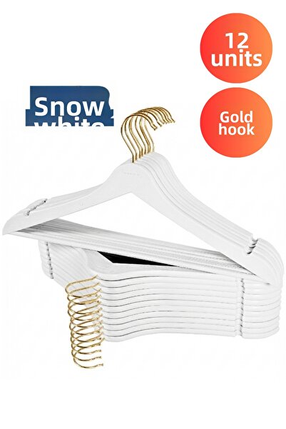 Dorcia Home 12 قطعة من الشماعات البيضاء الفاخرة ذات المظهر الخشبي مع خطاف ذهبي، شماعات بلاستيكية عالية الجودة