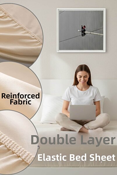 Dantelux Cearșaf de pat elastic din bumbac Ranforce - Culoare crem - Dublu