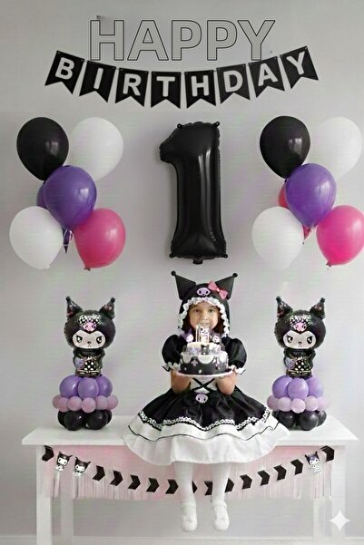 PARTİAVM مجموعة بالونات ذات طابع عيد ميلاد كورومي الثنائية، بالون رقم أسود بعمر سنة واحدة، بالون كورومي صغير على شكل عمود للطاولة