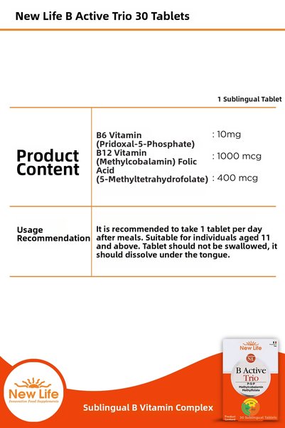 New Life B Active Trio 30 Tablets - P5P - Methylcobalamin - Methylfolate