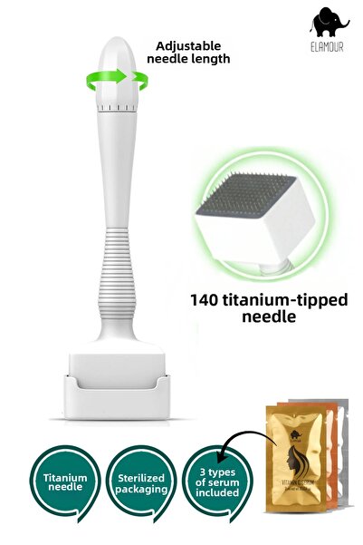 ELAMOUR ديرماستامب بـ 140 إبرة تيتانيوم قابلة للتعديل (0.25-3.0 مم)