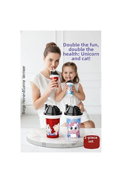 shopwave Children's Straw Cup Set of 2 with Unicorn & Cat Figures, Double Fun...
