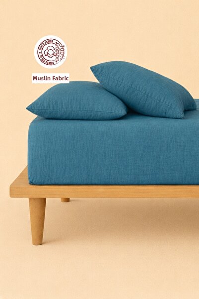 sutra 100% Cotton Muslin Fabric Double Fitted Sheet Set