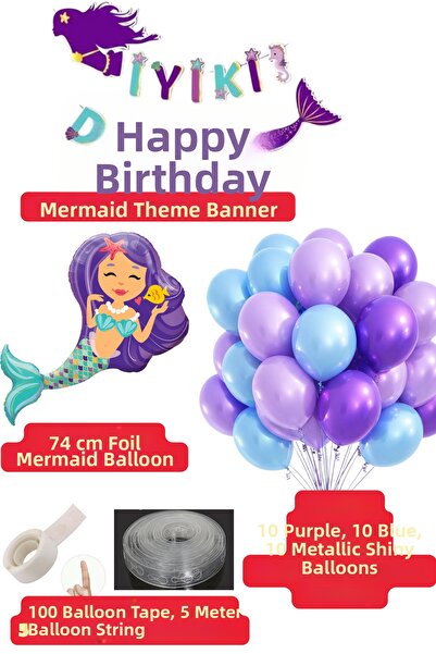 Baloncu Dede Mermaid Themed Birthday Decoration Set Banner Mermaid Themed Balloon Birthday Balloons