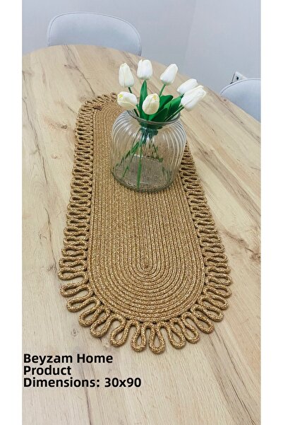 HLM TEKSTİL ديكور، مطبخ، طاولة طعام، جوت منسوج مموج، شريط حلزوني 33x90