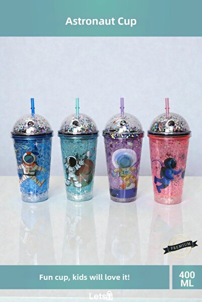 Letsii Cute Astronaut Light-Up Sequin Straw Drinking Cup 400ml Children's Wat...