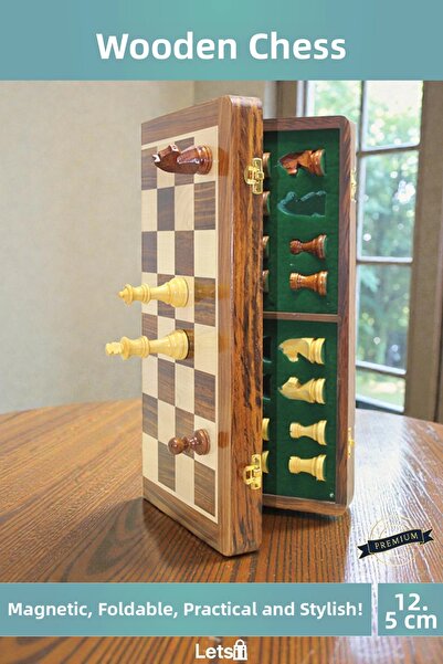 Letsii لعبة شطرنج خشبية قابلة للطي مع أحجار مغناطيسية 12.5 سم