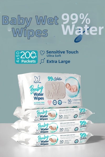 Papilion مناديل مبللة للأطفال مصنوعة من 99% ماء نقي 4x50 - 200 ورقة عبوة اقتص...