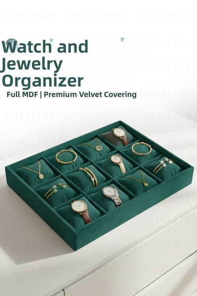 inteleven صندوق ساعات وسوار مخملي مكون من 12 قسمًا - منظم مجوهرات - لون أخضر