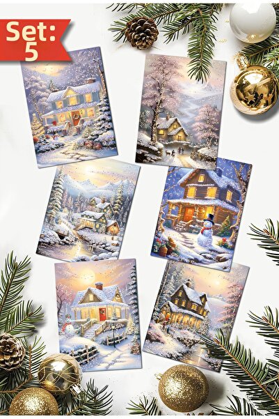 Mia Pera Set de 9 cărți poștale cu sclipici de Anul Nou, peisaj de iarnă, nos...