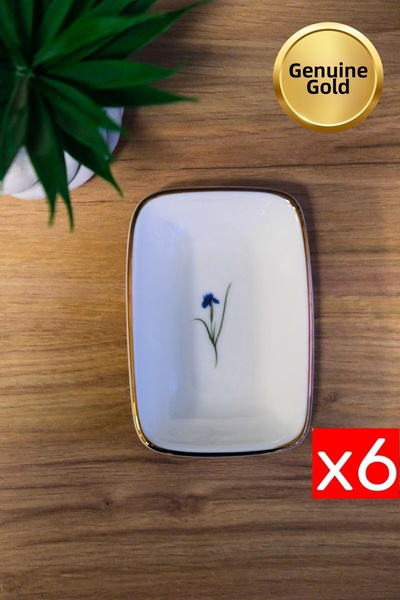 tabakevi Tabak Evi Porcelain Natura Iris Gold Gilded Rectangular Boat Plate 10X7X2Cm Set of 6