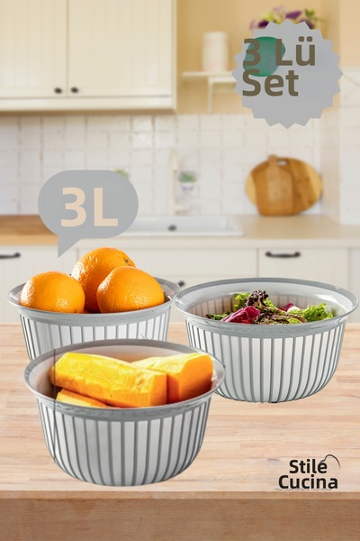 Stile Cucina 3-Piece Economical Linea Round Bowl Set Gray (3 X 3 Liters)