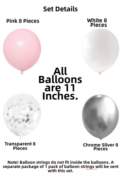 BALOMİS Pastel Pink White Chrome Silver and Transparent Latex Balloon Set 11 Inch