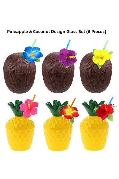 shopwave أناناس &amp; طقم أكواب بتصميم جوز الهند مع شفاطات (6 قطع) (5047)