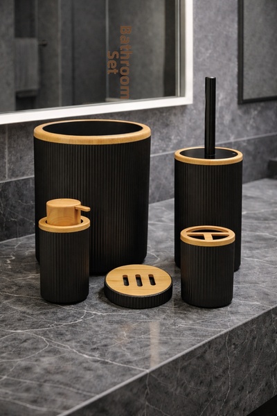 Mim Life Wooden Patterned Bamboo Lid Bathroom Set 5 Pieces