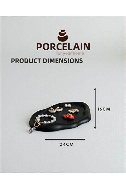 Porselian Decorative Cloud Shaped Black Jewelry Plate and Presentation Bowl 19X13 cm Modern Wavy Decor