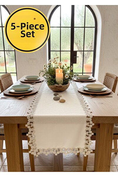 Durushe Set of 5 Floral Motif Handcrafted Lace Embroidery Runner 2 Side Tables Set of 2 American Service Set
