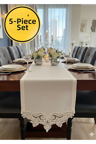 Durushe 5-Piece Arianna Runner & Placemat Set – Stylish Table Center Runner with Lace Detail and 4-Piece American Dinner Set