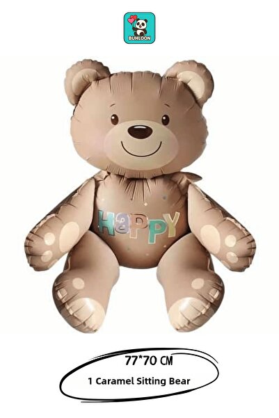 Bunloon Happy Written Sitting Caramel Bear Foil Balloon 77×70 cm